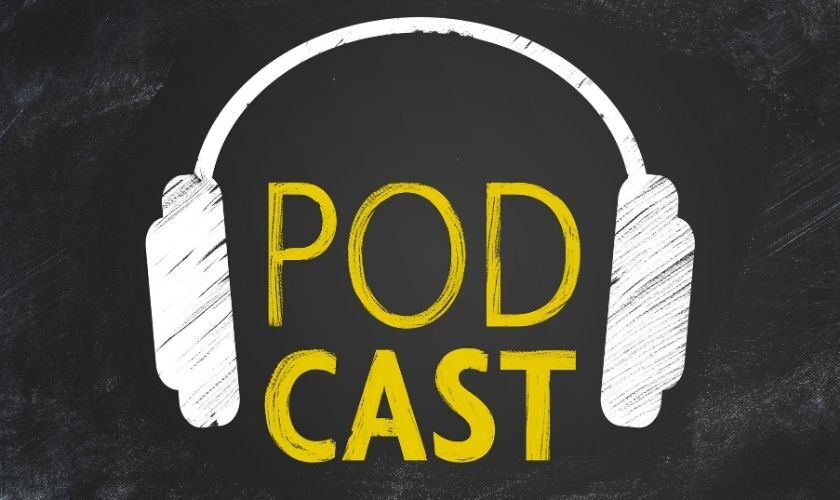 The word Podcast in yellow on a black background